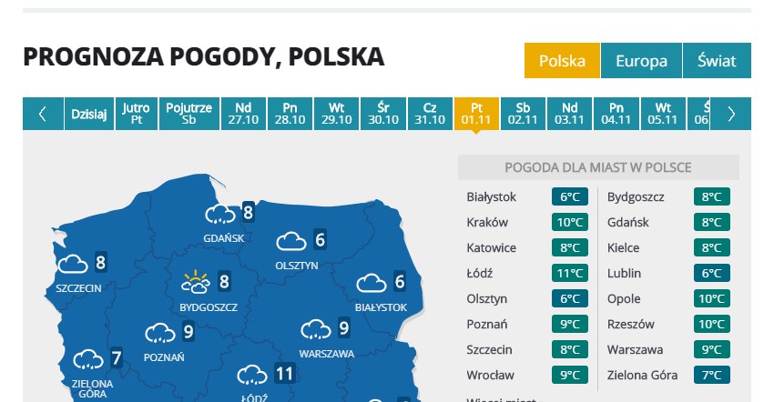 Prognoza pogody na 1 listopada /INTERIA.PL