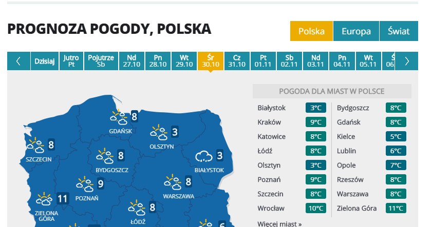 Prognoza pogody na 30 października /INTERIA.PL