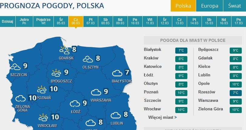 Prognoza pogody na czwartek /INTERIA.PL