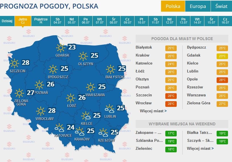 Prognoza pogody na czwartek /INTERIA.PL