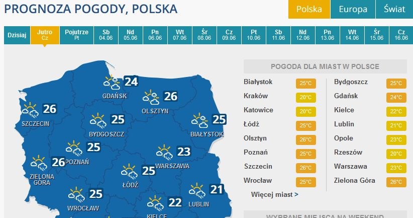 Prognoza pogody na czwartek /INTERIA.PL