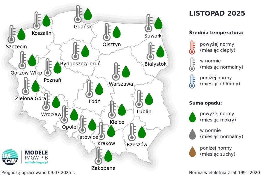 Prognoza pogody na listopad 2025. Miesiąc w całym kraju zapowiada się jako wyjątkowo deszczowy, z opadami powyżej normy i temperaturą w granicach normy. /IMGW-PIB /
