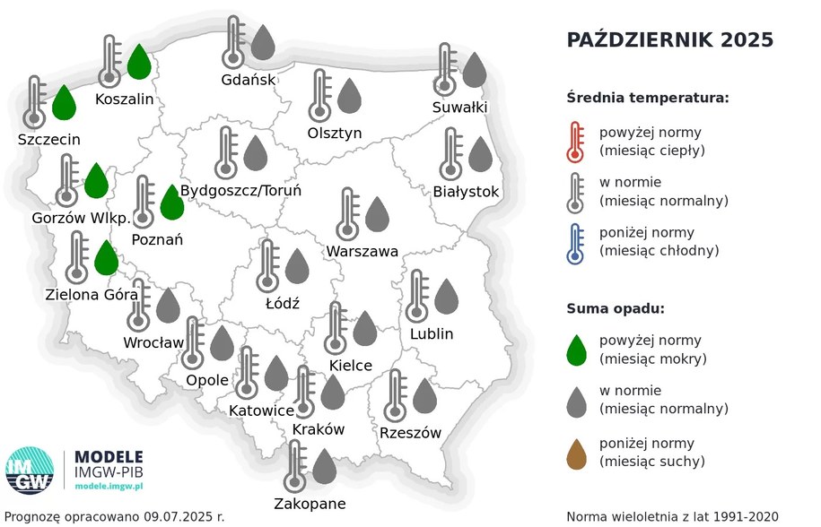 Prognoza pogody na październik 2025. W całej Polsce temperatura utrzyma się w normie, ale w zachodniej części kraju miesiąc będzie bardziej deszczowy. /IMGW-PIB /