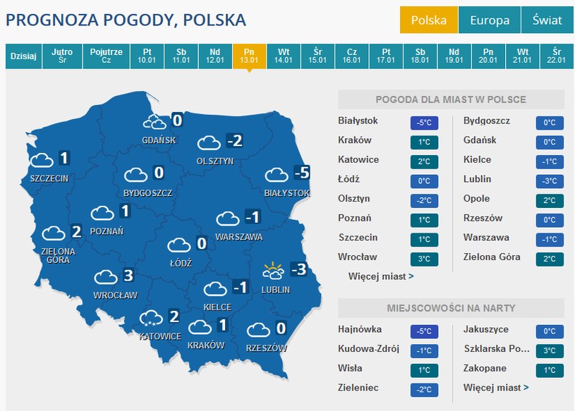Prognoza pogody na poniedziałek 13 stycznia /INTERIA.PL