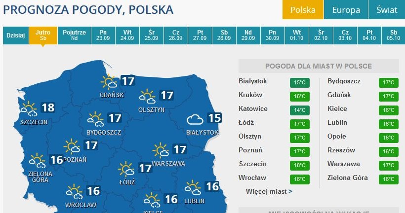 Prognoza pogody na sobotę /INTERIA.PL