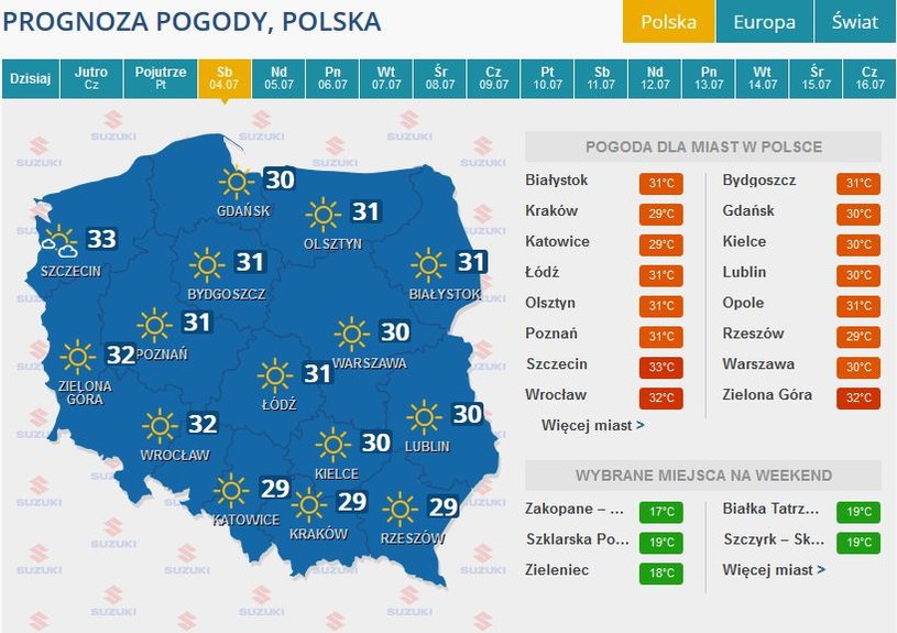 Prognoza pogody na sobotę /INTERIA.PL