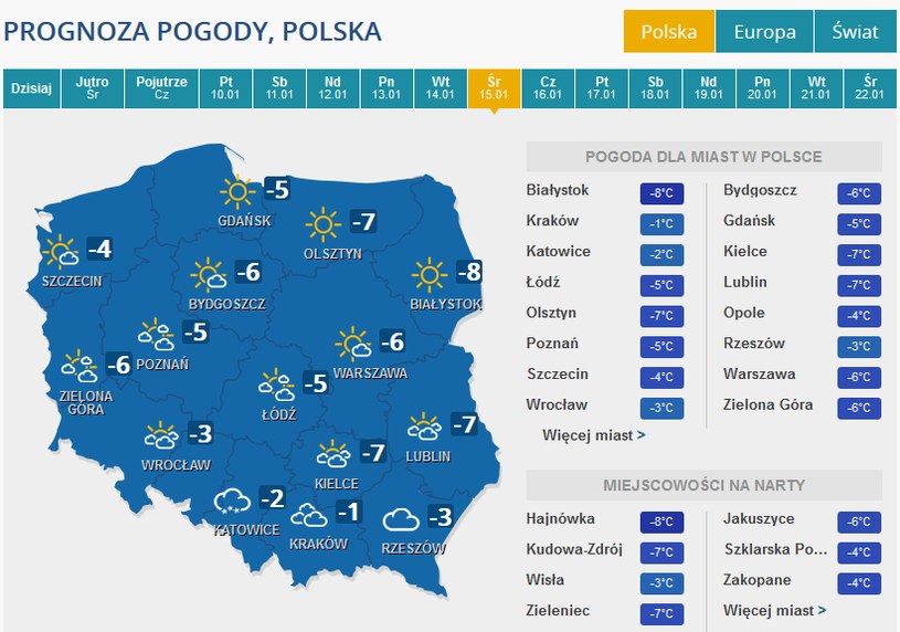 Prognoza pogody na środę 15 stycznia /INTERIA.PL