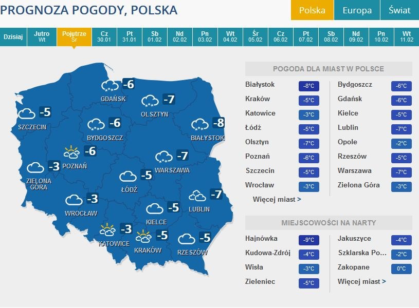 Prognoza pogody  na środę, 29 stycznia /INTERIA.PL