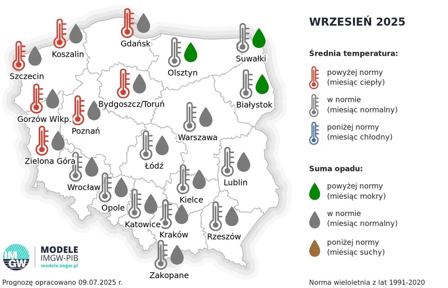 Prognoza pogody na wrzesień 2025. Miesiąc przyniesie regionalne podziały: na północy i zachodzie będzie cieplej, a na północnym wschodzie bardziej deszczowo niż zwykle. /IMGW-PIB /