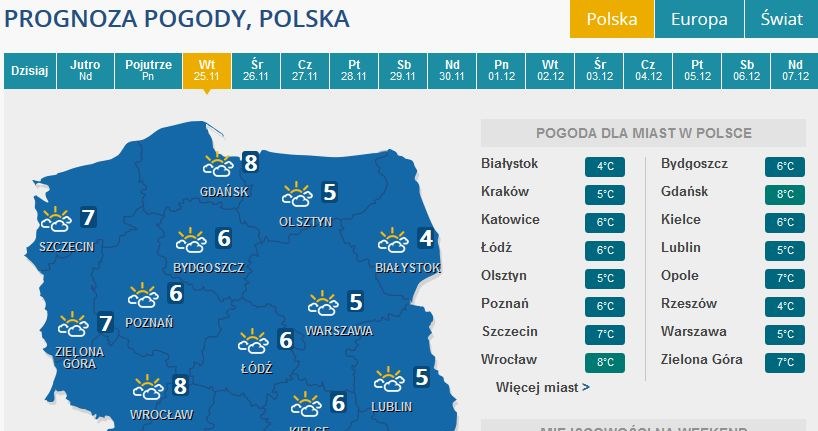 Prognoza pogody na wtorek /INTERIA.PL