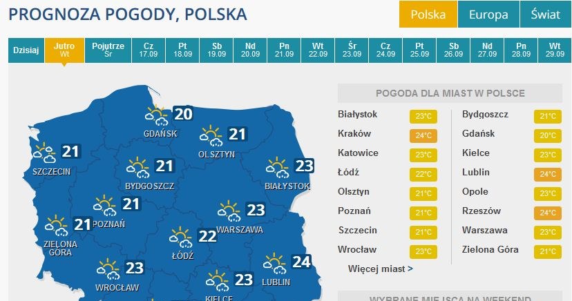 Prognoza pogody na wtorek /INTERIA.PL