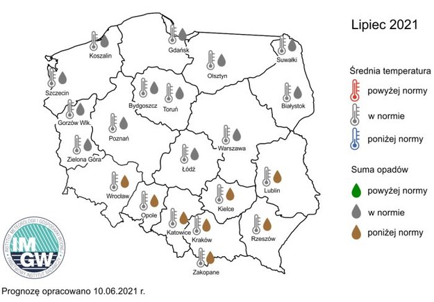 Prognoza średniej miesięcznej temperatury powietrza i miesięcznej sumy opadów atmosferycznych na lipiec 2021 r. dla wybranych miast w Polsce /IMGW-PIB / imgw.pl /