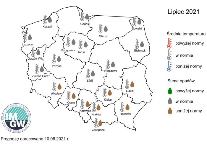 Prognoza średniej miesięcznej temperatury powietrza i miesięcznej sumy opadów atmosferycznych na lipiec 2021 r. dla wybranych miast w Polsce /IMGW-PIB / imgw.pl /