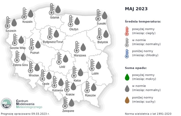 Prognoza średniej miesięcznej temperatury powietrza i miesięcznej sumy opadów atmosferycznych na maj 2023 r. dla wybranych miast w Polsce /IMGW-PIB / imgw.pl /