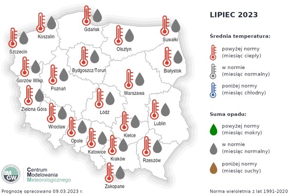 Prognoza średniej miesięcznej temperatury powietrza i miesięcznej sumy opadów atmosferycznych na lipiec 2023 r. dla wybranych miast w Polsce /IMGW-PIB / imgw.pl /