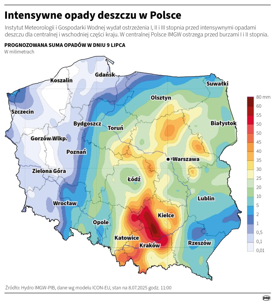 Prognozowana suma opadów w dniu 9 lipca /Michał Czernek /PAP