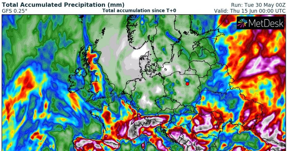 Prognozowana suma opadów w Europie w połowie czerwca /wxcharts /
