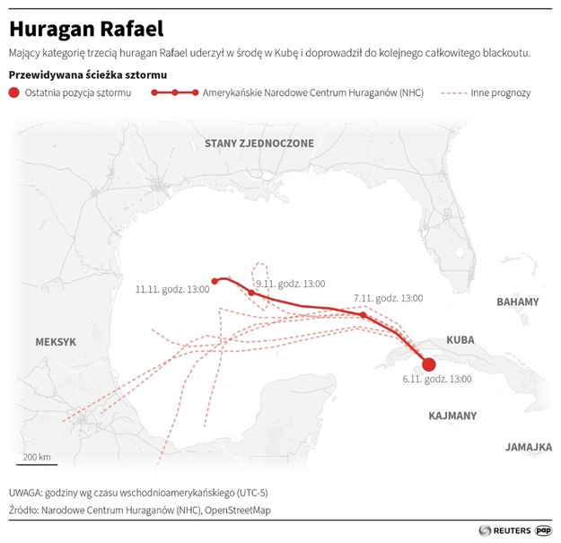 Prognozowana trasa huraganu Rafael /Maciej Zieliński /PAP/REUTERS