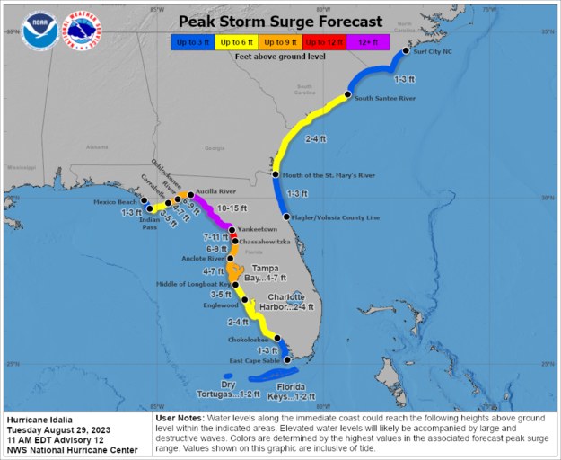 Prognozowana wysokość przypływu sztormowego na Florydzie (jednostki miary w stopach; 15 stóp = 4,57 m) /National Hurricane Center  /