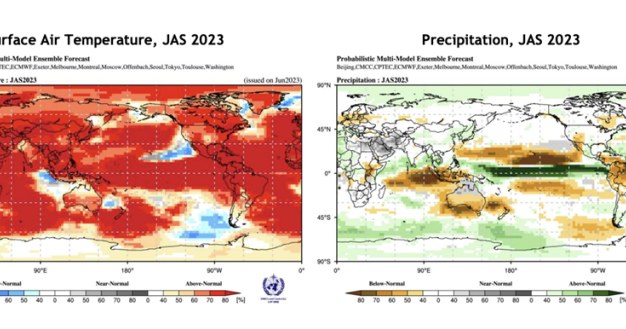 Prognozowana wysokość temperatury na powierzchni Ziemi (z lewej) oraz opadów w okresie od lipca do września 2023 roku /WMO /