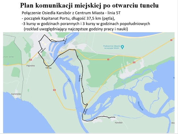 Projektowana trasa linii autobusowej 5T /UM w Świnoujściu /