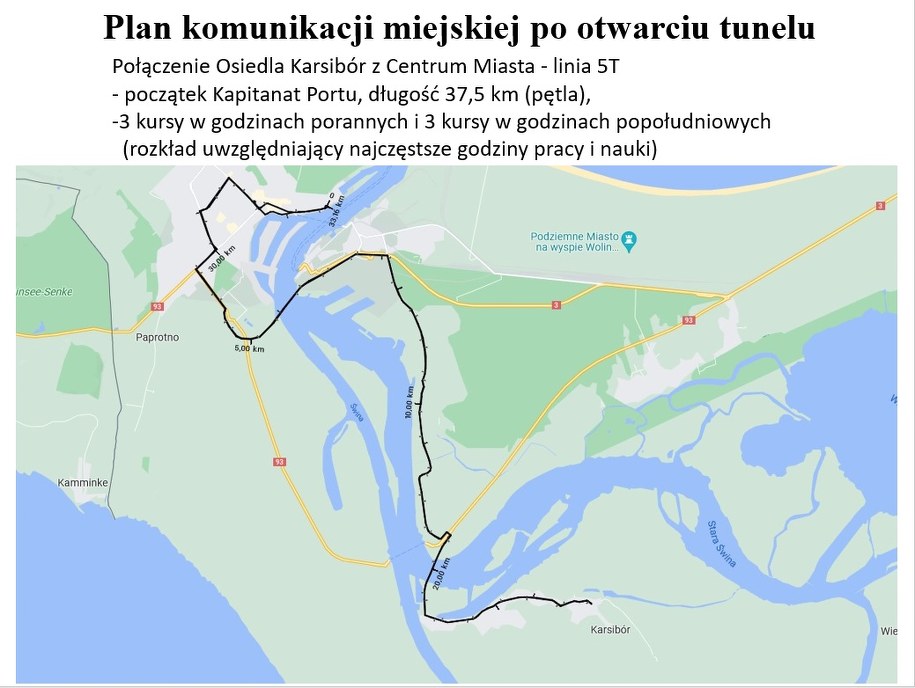 Projektowana trasa linii autobusowej 5T /UM w Świnoujściu /