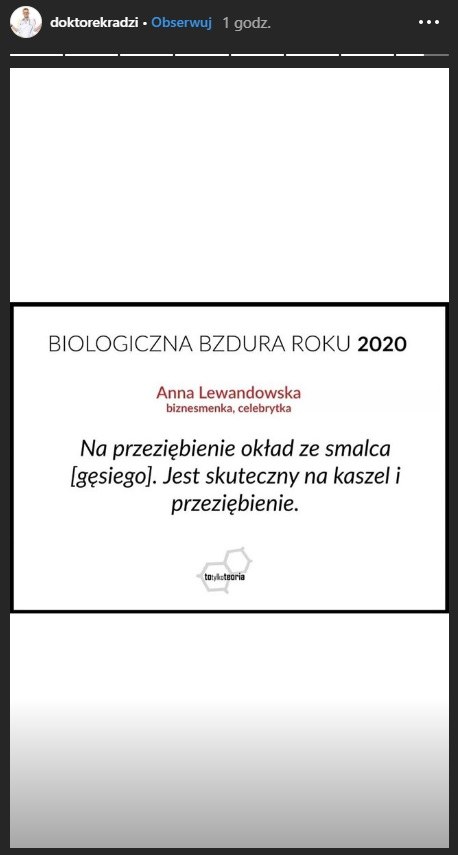Propozycja nominacji dla Anny Lewandowskiej do Biologicznej Bzdury Roku /Instagram/@doktorekradzi /Instagram