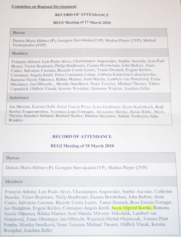 Protokół z posiedzenia komisji ds. regionalnych, czyli lista obecności, którą zdobyła korespondentka &nbsp; /Katarzyna Szymańska-Borginon /RMF FM