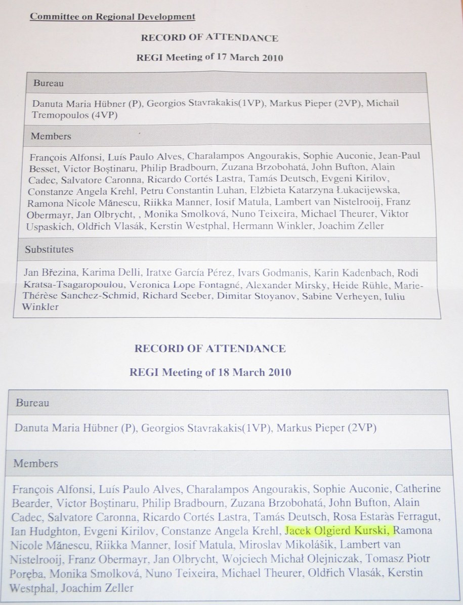 Protokół z posiedzenia komisji ds. regionalnych, czyli lista obecności, którą zdobyła korespondentka &nbsp; /RMF FM