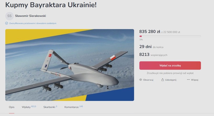 Prywatna polska zbiórka na drona Bayraktar od Sławomira Sierakowskiego /zrzutka.pl /materiał zewnętrzny