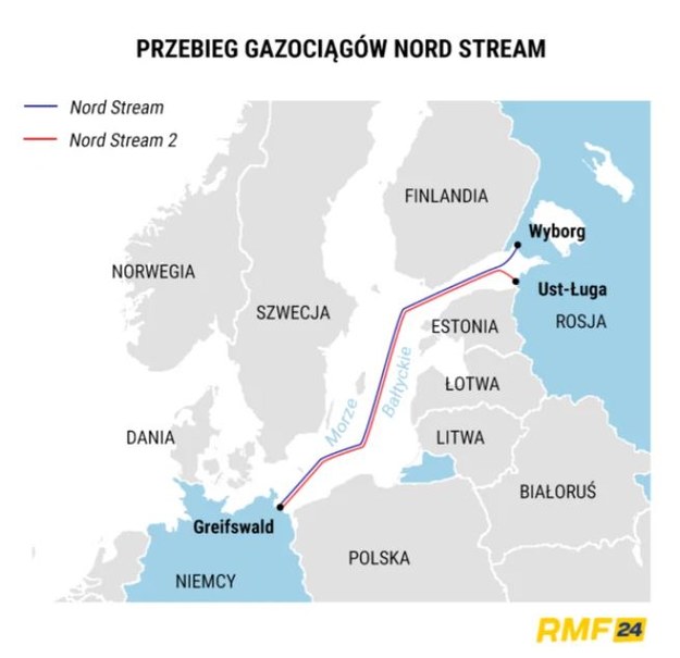 Przebieg gazociągów Nord Stream /RMF FM