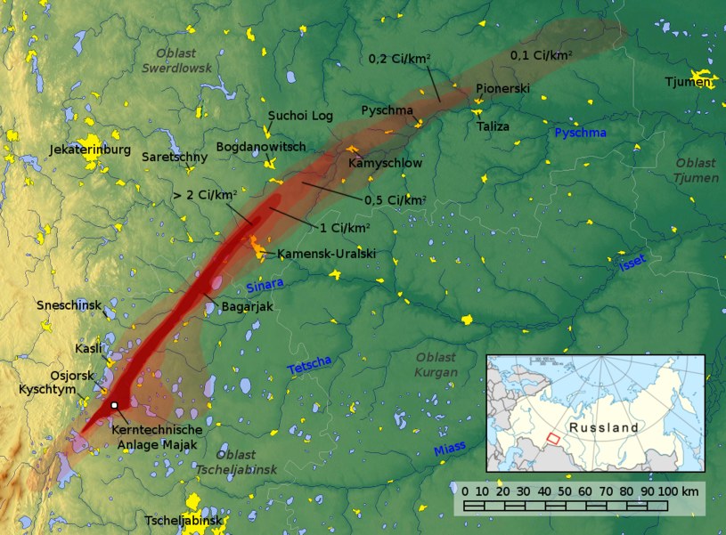 Przebieg trasy radioaktywnej chmury po katastrofie kysztymskiej /Wikimedia Commons /domena publiczna