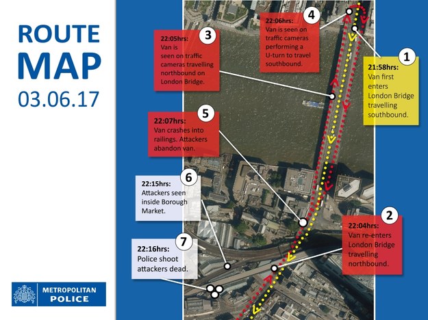 Przebieg zamachu w Londynie. /LONDON METROPOLITAN POLICE HANDOUT /PAP/EPA