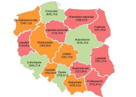 Przeciętne miesięczne wynagrodzenie w gospodarce według województw w 2011 r. /