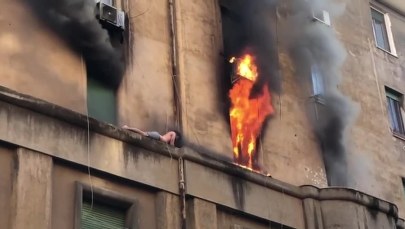 Przed pożarem schronił się na gzymsie. Uratowali go strażacy