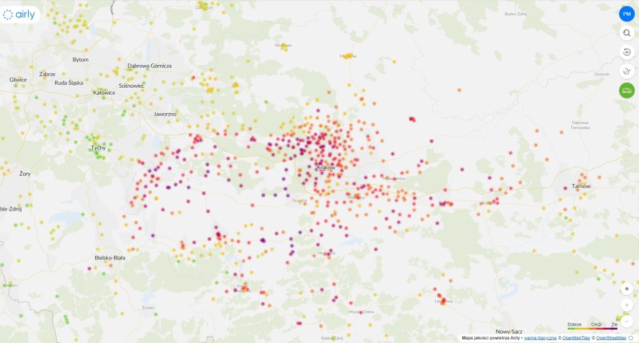 Przekroczenie norm stężenia PM10 i PM2.5 w Małopolsce /airly /Zrzut ekranu