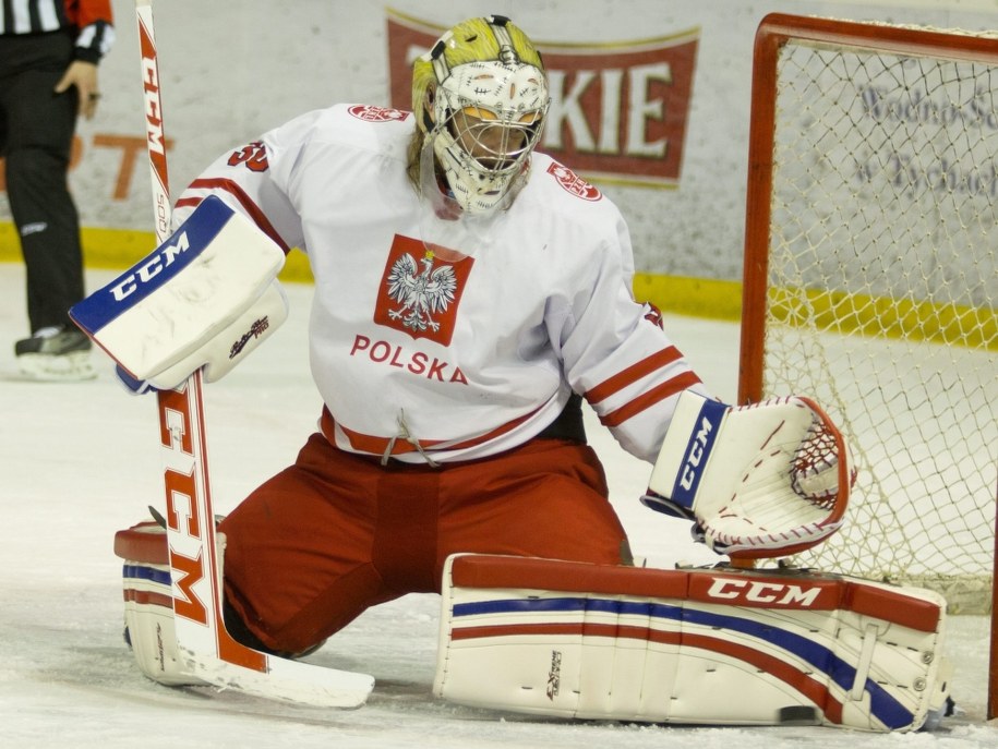 Przemysław Odrobny w towarzyskim meczu z Białorusią. Tychy, 11 kwietnia 2014 /Andrzej Grygiel /PAP
