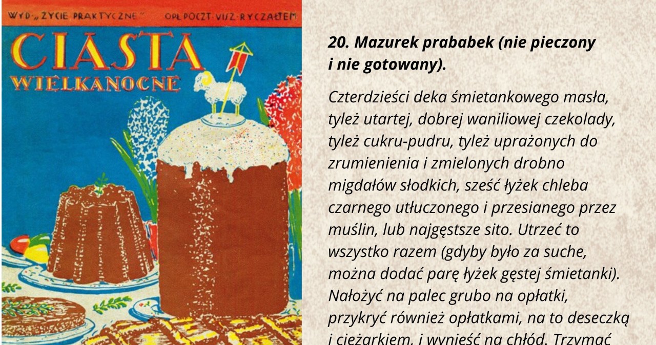 Przepis na mazurek prababek w 35. numerze wydawnictwa „ŻYCIE PRAKTYCZNE” pt. "Ciasta wielkanocne", autorstwa Elżbiety Kiewnarskiej, wyd. 1927-1939 przez Towarzystwo Wydawnicze „BLUSZCZ". /Wikiźródła