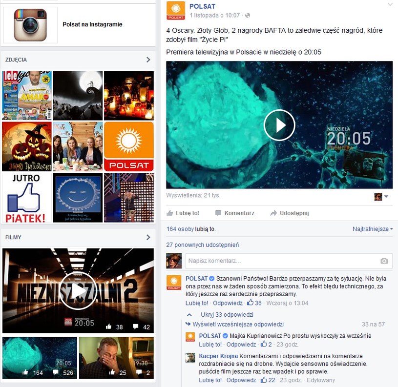 Przeprosiny Polsatu na Facebooku /Facebook