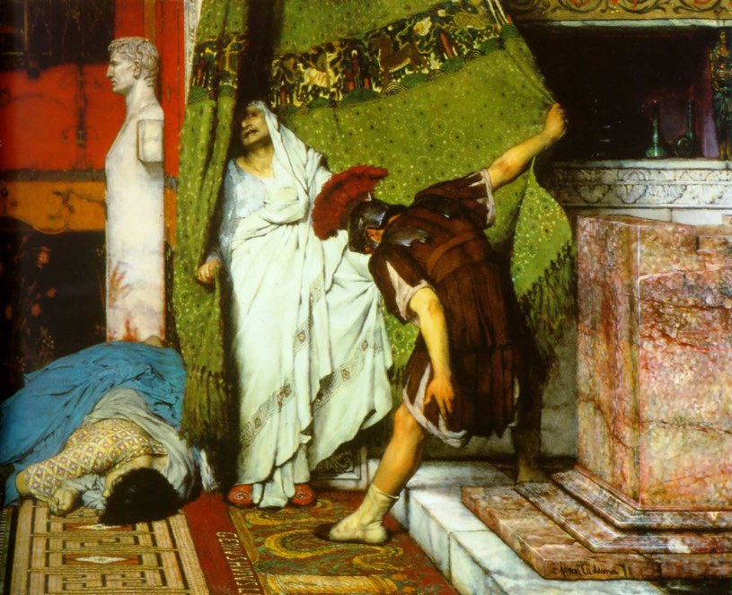 Przerażony Klaudiusz na obrazie Lawrence’a Alma Tadema „Śmierć Kaliguli” /INTERIA.PL/materiały prasowe