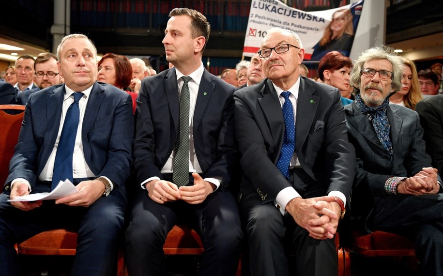Przewodniczący PO Grzegorz Schetyna (L), prezes PSL Władysław Kosiniak-Kamysz (2L), prezydent Rzeszowa Tadeusz Ferenc (2P) i współlider Partii Zielonych Marek Kossakowski (P) podczas regionalnej konwencji Koalicji Europejskiej, 13 bm. w Rzeszowie. To pierwsza wspólna konwencja regionalna Koalicji Europejskiej, którą współtworzą PO, PSL, SLD, Nowoczesna i Zieloni /Darek Delmanowicz /PAP
