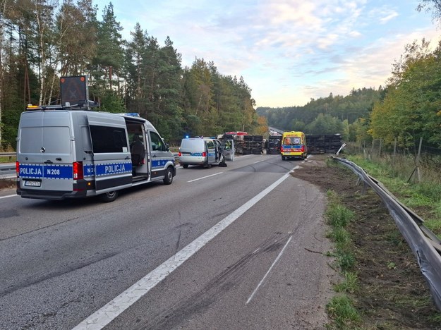 Przewrócona ciężarówka na obwodnicy Trójmiasta /KM PSP Gdynia /PAP