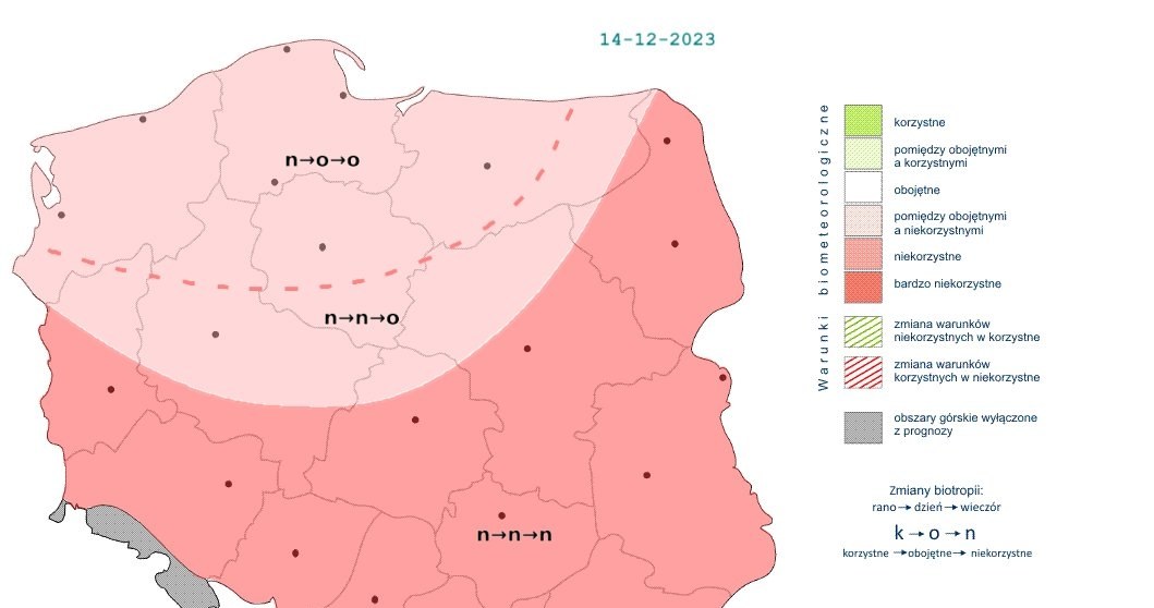 Przez cały dzień na południu i wschodzie warunki biometeorologiczne będą niekorzystne /IMGW /