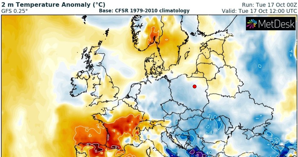 Przez cały dzień w Polsce będą się utrzymywały niskie temperatury, które nie przekroczą 13 st. C /wxcharts /