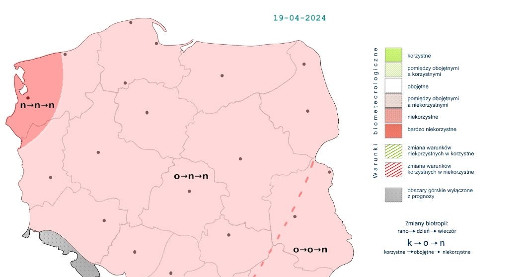 Przez cały piątek warunki biometeorologiczne będą obojętne lub niekorzystne. Niekorzystne od rana będą na północnym zachodzie /IMGW /