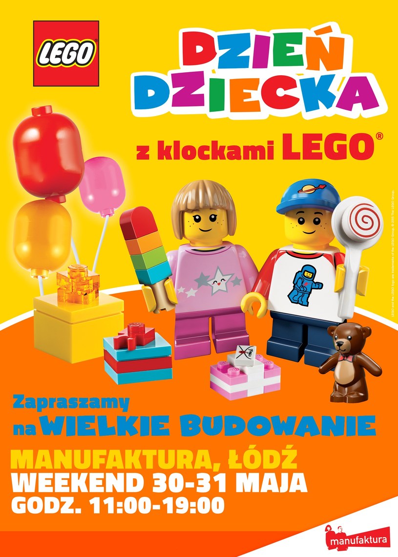 Przez dwa dni, w godzinach 11.00-19.00 w łódzkiej Manufakturze firma LEGO Polska udostępni największy w Polsce plac zabaw wypełniony kultowymi klockami. /materiały prasowe
