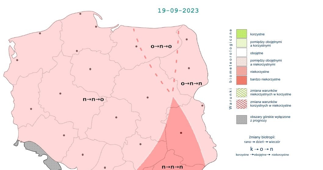Przez praktycznie cały dzień warunki biometeorologiczne będą niekorzystne. Wieczorem będą się poprawiać do obojętnych, ale nie wszędzie /IMGW /
