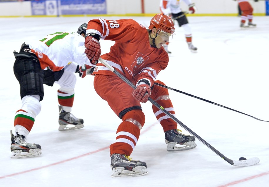 Przy krążku zawodnik reprezentacji Polski Grzegorz Pasiut, atakowany przez Węgra Janosa Vasa /Adam Warżawa /PAP