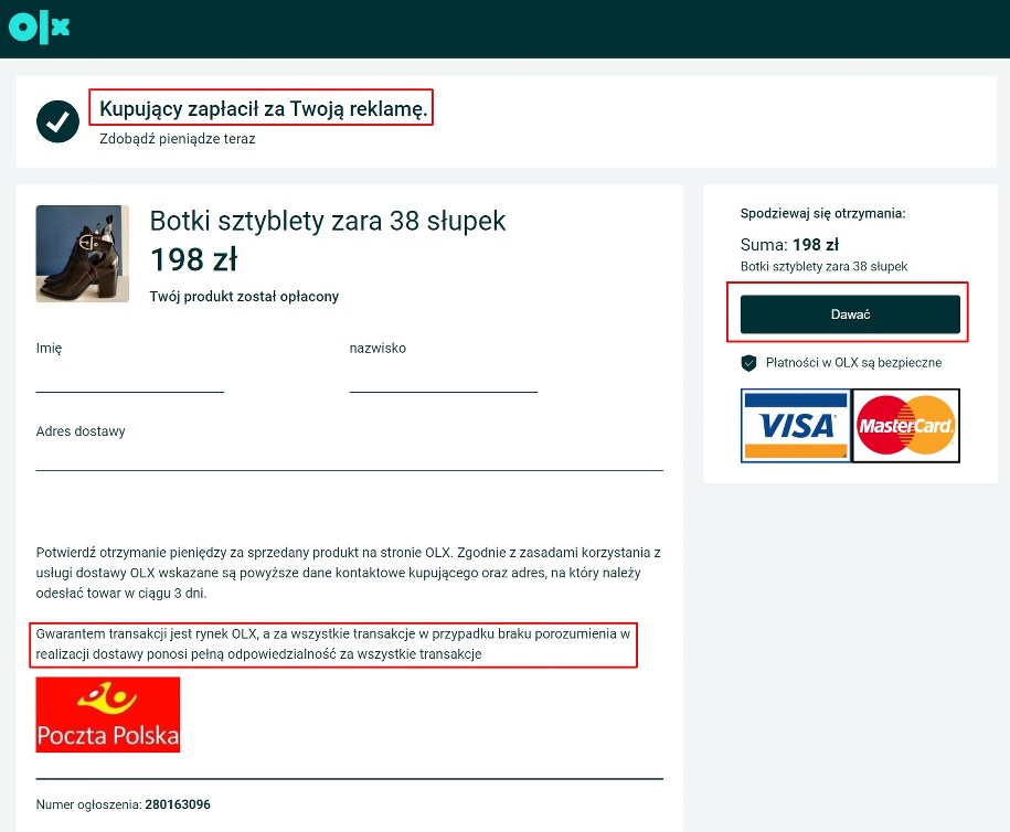 Przykład sfałszowanej strony, która ma imitować potwierdzenie wykonania przelewu / blog.olx.pl /