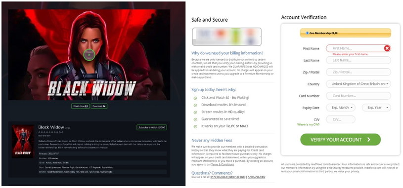 Przykład strony phishingowej oferującej przedpremierowy streaming filmu  "Czarna Wdowa”. Fot. Kaspersky /materiały prasowe